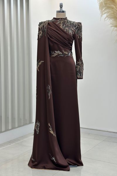 Pelerinli Drape Detay Saten Garnili Abiye